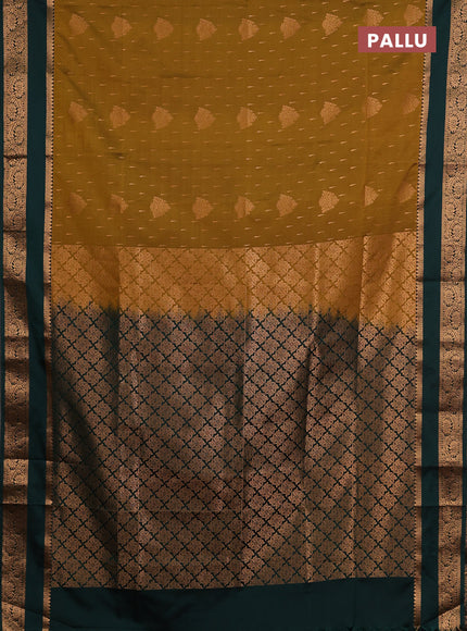 Semi soft silk saree dark mustard and bottle green with allover zari woven buttas and rettapet zari woven border