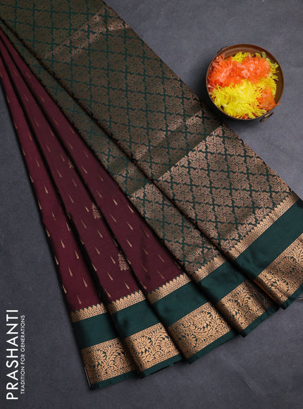 Semi soft silk saree deep maroon and bottle green with allover zari woven buttas and rettapet zari woven border