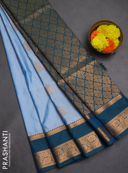Semi soft silk saree pastel blue and peacock green with allover zari woven buttas and rettapet zari woven border