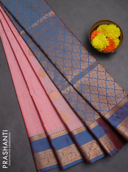 Semi soft silk saree light pink and peacock blue with allover zari woven buttas and rettapet zari woven border