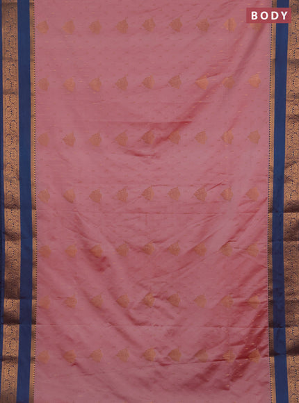 Semi soft silk saree light pink and peacock blue with allover zari woven buttas and rettapet zari woven border