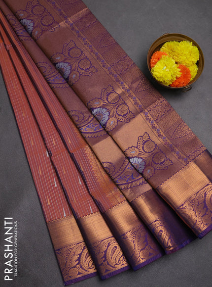 Semi soft silk saree rust shade and purple with allover silver & gold zari weaves & buttas and zari woven border