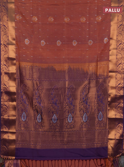 Semi soft silk saree rust shade and purple with allover silver & gold zari weaves & buttas and zari woven border