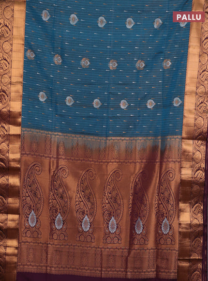Semi soft silk saree peacock blue and deep wine with allover silver & gold zari weaves & buttas and zari woven border