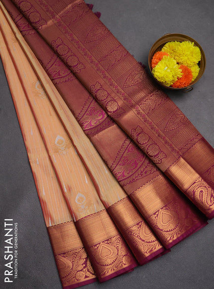 Semi soft silk saree dual shade of peach and magenta pink with allover silver & gold zari weaves & buttas and zari woven border
