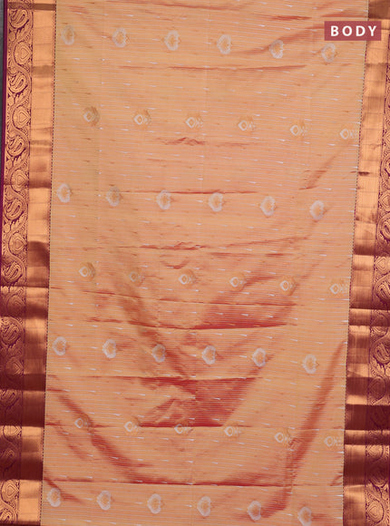Semi soft silk saree dual shade of peach and magenta pink with allover silver & gold zari weaves & buttas and zari woven border
