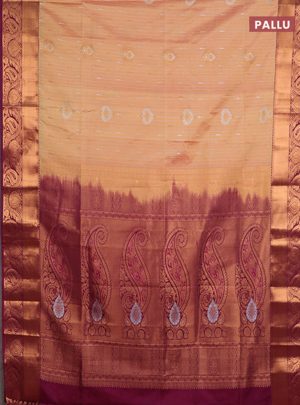 Semi soft silk saree dual shade of peach and magenta pink with allover silver & gold zari weaves & buttas and zari woven border