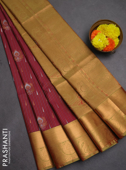 Semi soft silk saree maroon and lime green with allover silver & gold zari weaves & buttas and zari woven border