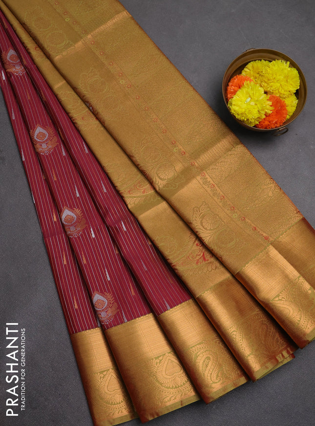 Semi soft silk saree maroon and lime green with allover silver & gold zari weaves & buttas and zari woven border