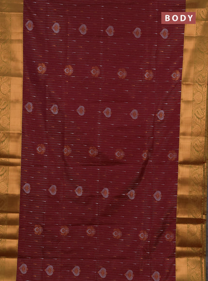 Semi soft silk saree maroon and lime green with allover silver & gold zari weaves & buttas and zari woven border