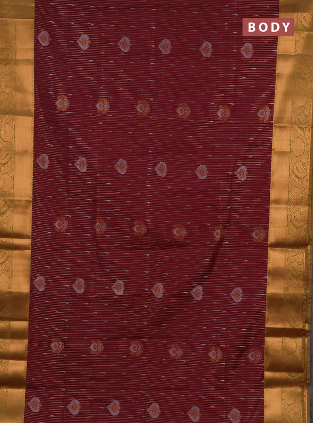 Semi soft silk saree maroon and lime green with allover silver & gold zari weaves & buttas and zari woven border