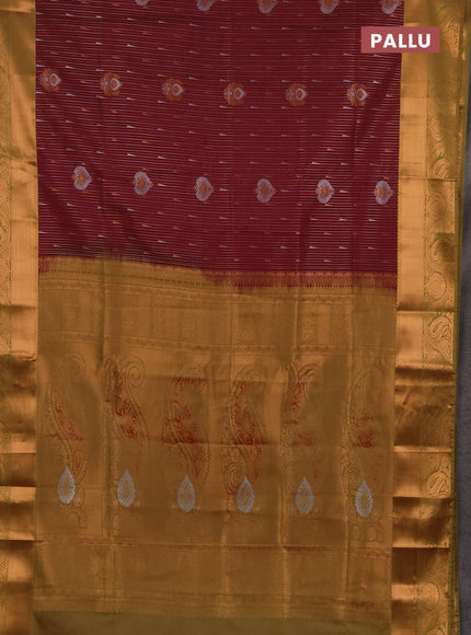 Semi soft silk saree maroon and lime green with allover silver & gold zari weaves & buttas and zari woven border