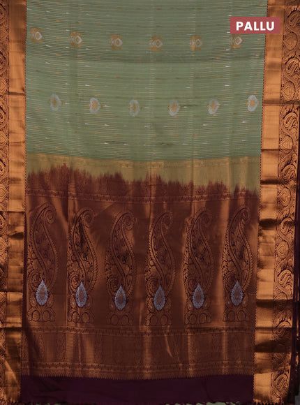 Semi soft silk saree pista green and wine shade with allover silver & gold zari weaves & buttas and zari woven border
