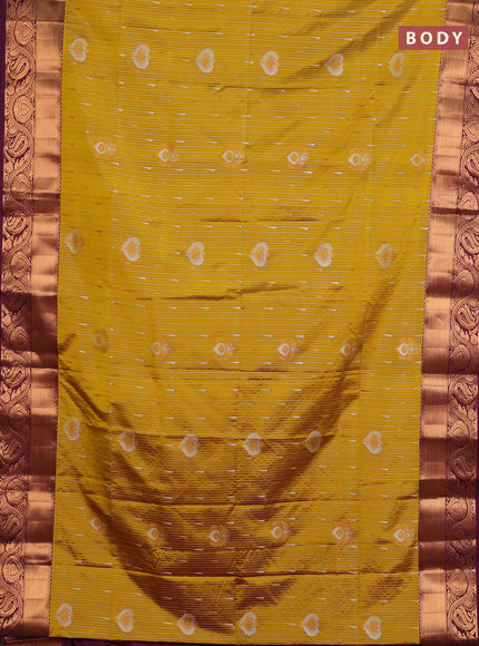 Semi soft silk saree mustard yellow and wine shade with allover silver & gold zari weaves & buttas and zari woven border