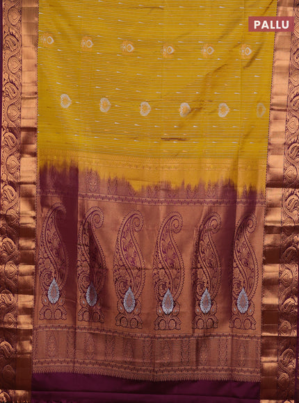 Semi soft silk saree mustard yellow and wine shade with allover silver & gold zari weaves & buttas and zari woven border
