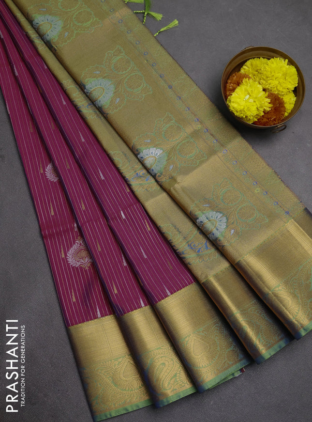 Semi soft silk saree magenta pink and teal green with allover silver & gold zari weaves & buttas and zari woven border