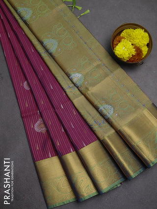 Semi soft silk saree magenta pink and teal green with allover silver & gold zari weaves & buttas and zari woven border