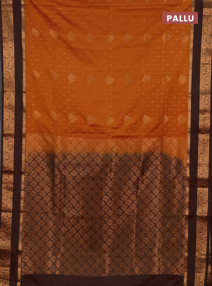 Semi soft silk saree rust shade and manthulir green with allover zari woven buttas and rettapet zari woven border