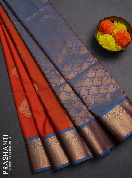 Semi soft silk saree orange and peacock blue with zari woven buttas and zari woven border