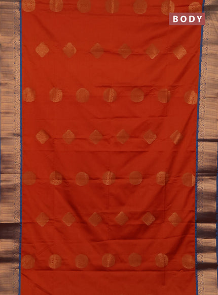 Semi soft silk saree orange and peacock blue with zari woven buttas and zari woven border