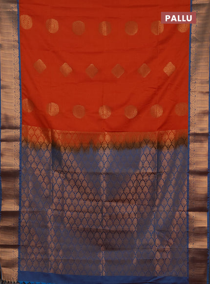 Semi soft silk saree orange and peacock blue with zari woven buttas and zari woven border