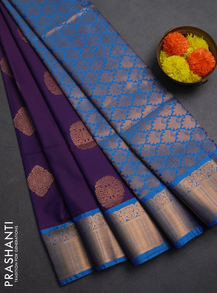 Semi soft silk saree purple and cs blue with zari woven buttas and zari woven border