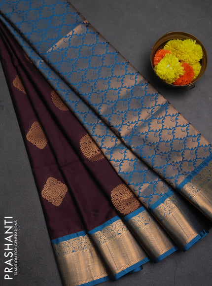 Semi soft silk saree deep wine shade and cs blue with zari woven buttas and zari woven border