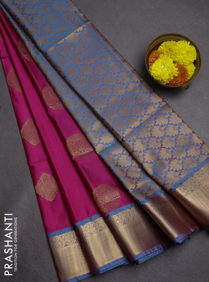 Semi soft silk saree pink and cs blue with zari woven buttas and zari woven border