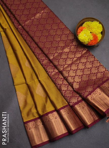 Semi soft silk saree dark mustard and maroon with zari woven buttas and zari woven border