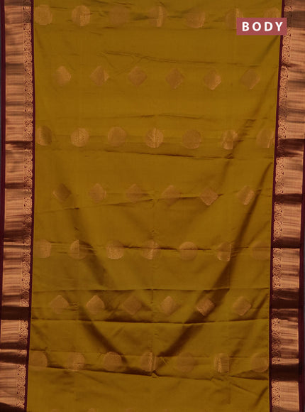 Semi soft silk saree dark mustard and maroon with zari woven buttas and zari woven border