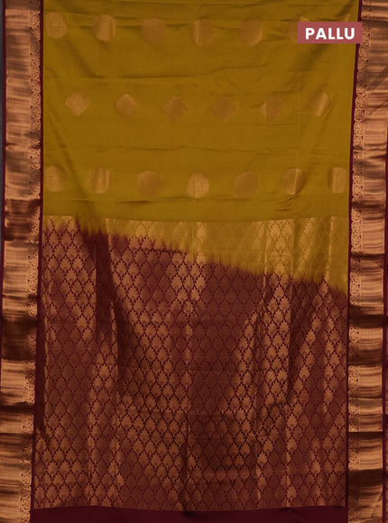 Semi soft silk saree dark mustard and maroon with zari woven buttas and zari woven border