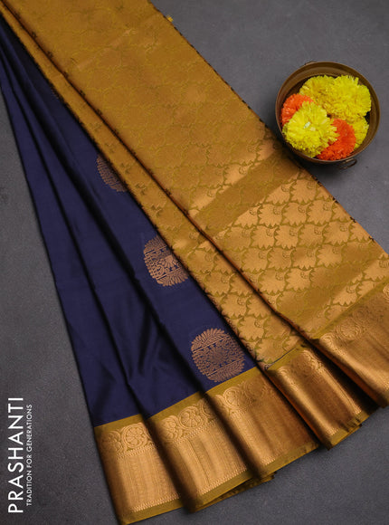 Semi soft silk saree navy blue and mustard yellow with zari woven buttas and zari woven border