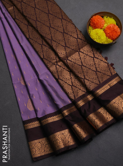 Semi soft silk saree pastel purple and coffee brown with allover zari woven buttas and rettapet zari woven border