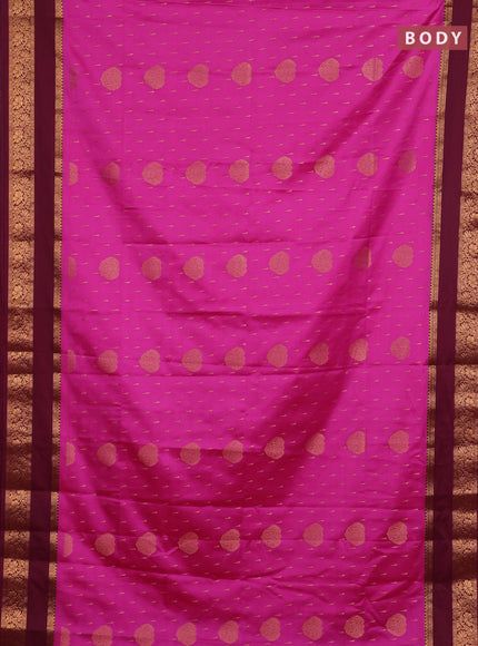Semi soft silk saree pink and wine shade with allover zari woven buttas and rettapet zari woven border