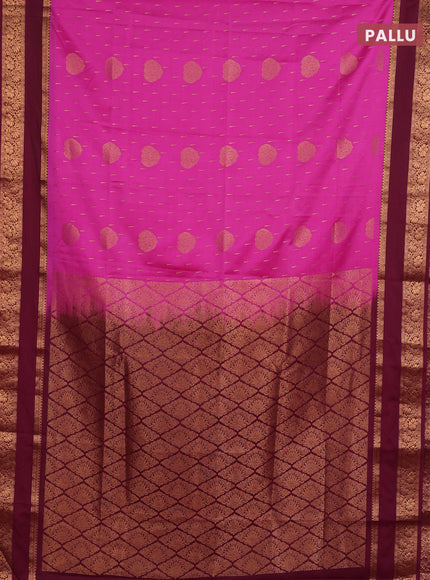 Semi soft silk saree pink and wine shade with allover zari woven buttas and rettapet zari woven border