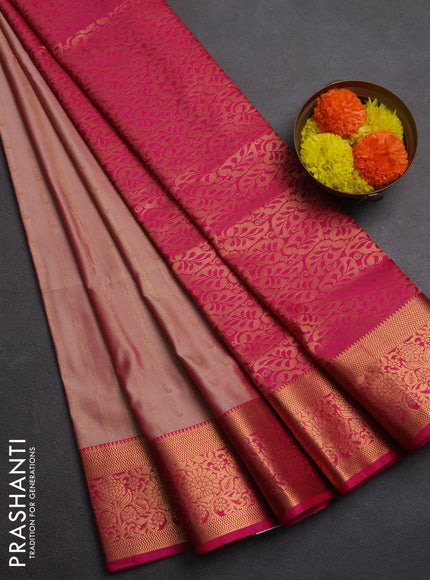 Semi soft silk saree dual shade of mild peach and pink with allover zari woven muniya buttas and zari woven border
