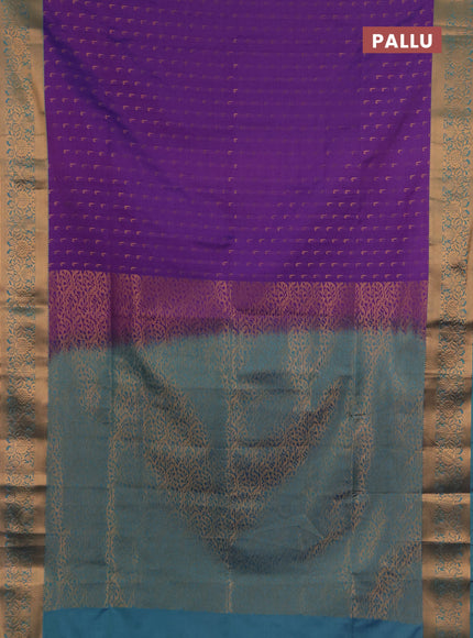 Semi soft silk saree purple and teal green with allover zari woven muniya buttas and zari woven border
