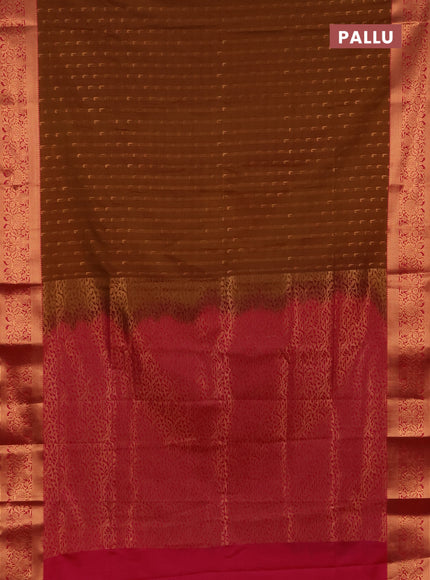 Semi soft silk saree dark mustard and pink with allover zari woven muniya buttas and zari woven border