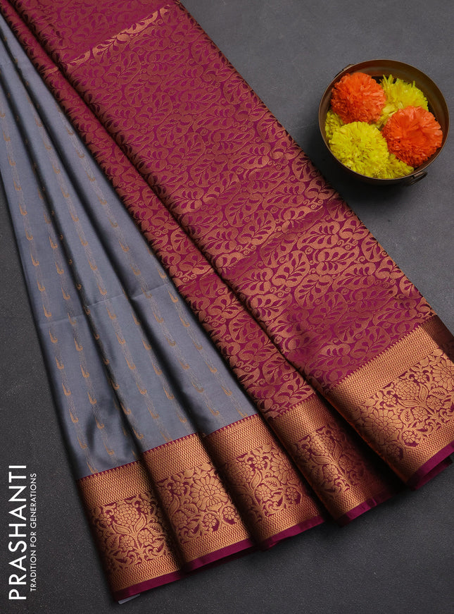 Semi soft silk saree grey and pink with allover zari woven muniya buttas and zari woven border
