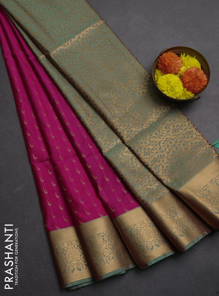 Semi soft silk saree pink and teal green with allover zari woven muniya buttas and zari woven border