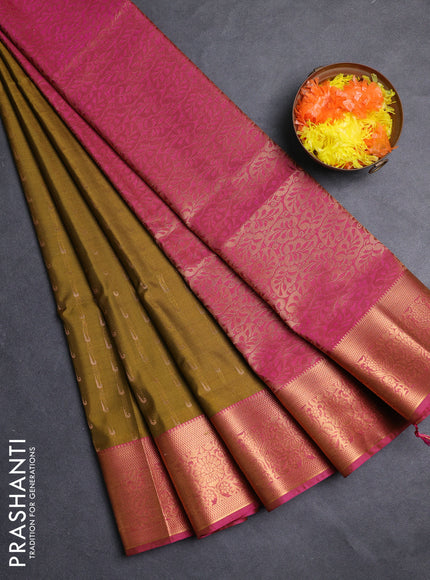 Semi soft silk saree mustard green and pink with allover zari woven muniya buttas and zari woven border