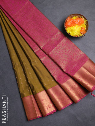 Semi soft silk saree mustard green and pink with allover zari woven muniya buttas and zari woven border