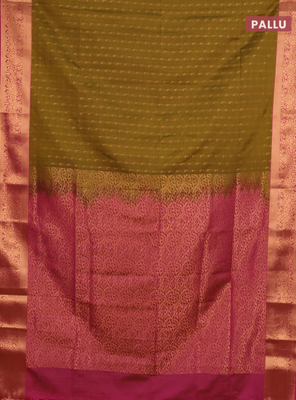 Semi soft silk saree mustard green and pink with allover zari woven muniya buttas and zari woven border