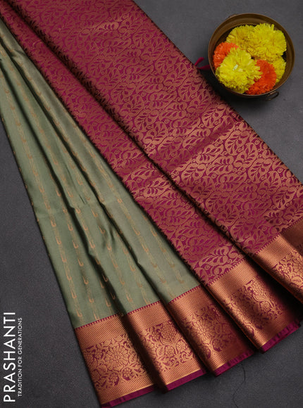 Semi soft silk saree pista green and magenta pink with allover zari woven muniya buttas and zari woven border
