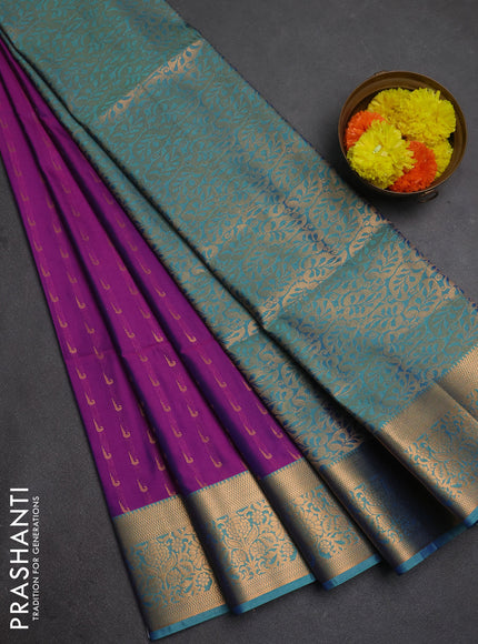 Semi soft silk saree magenta pink and teal blue with allover zari woven muniya buttas and zari woven border
