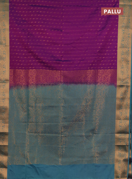 Semi soft silk saree magenta pink and teal blue with allover zari woven muniya buttas and zari woven border