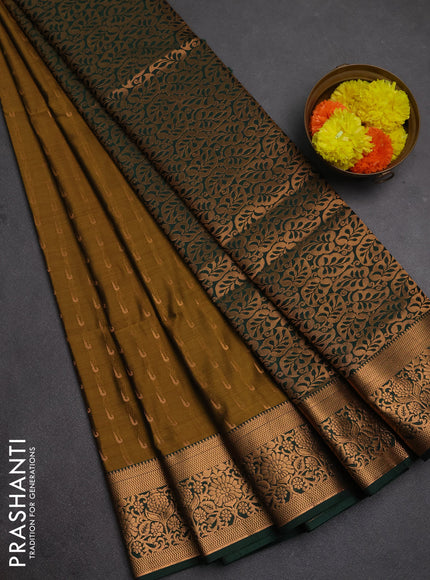Semi soft silk saree mustard green and bottle green with allover zari woven muniya buttas and zari woven border