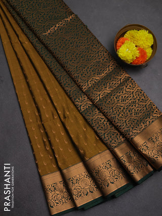 Semi soft silk saree mustard green and bottle green with allover zari woven muniya buttas and zari woven border