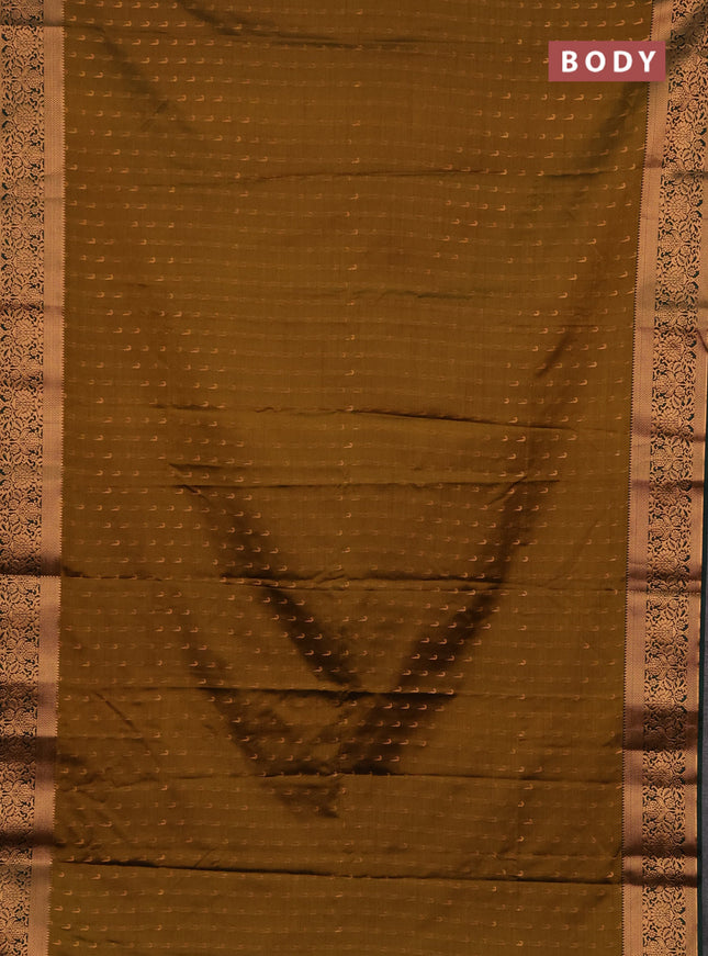 Semi soft silk saree mustard green and bottle green with allover zari woven muniya buttas and zari woven border