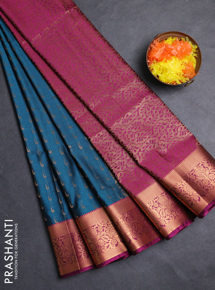 Semi soft silk saree peacock blue and magenta pink with allover zari woven muniya buttas and zari woven border